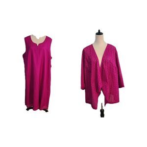 Catherines Black Label Linen Blend Dress Jacket 2pc 2X 22W Magenta Eyelet Boho
